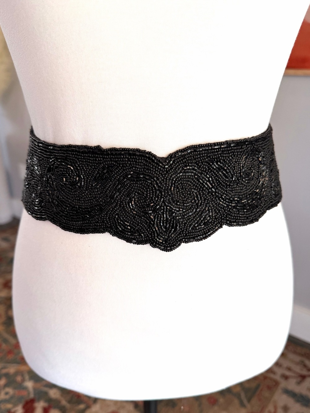 Vintage Hand-Beaded Black Waist Belt